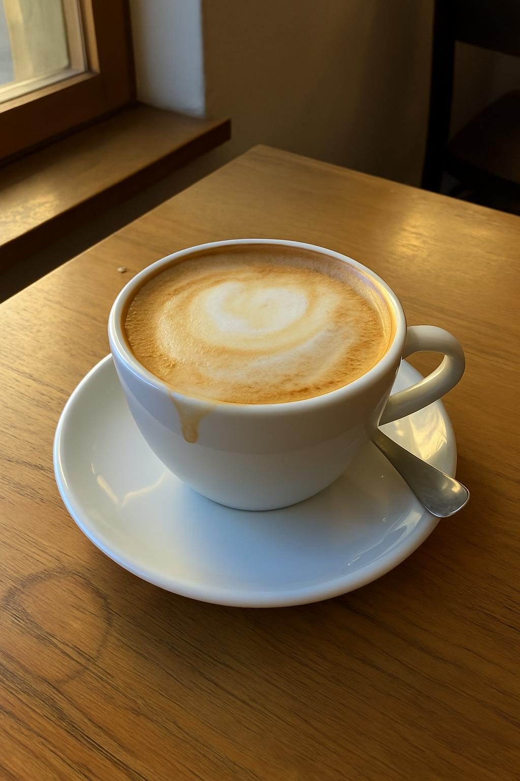 A cappuccino with loose foam art on a pale wooden table